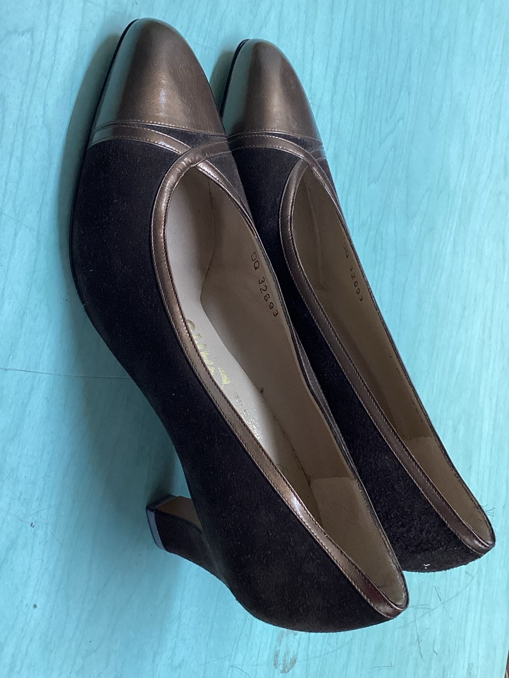 Salvatore Ferragamo Brown Suede Pumps with Bronze Leather Cap Toe